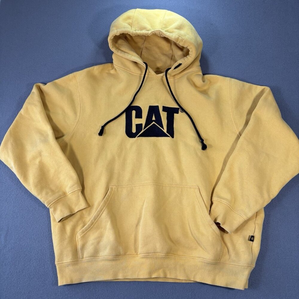 CAT Caterpillar Hoodie Mens‎ 2XL Yellow Pullover Hooded Sweatshirt Workwear Logo